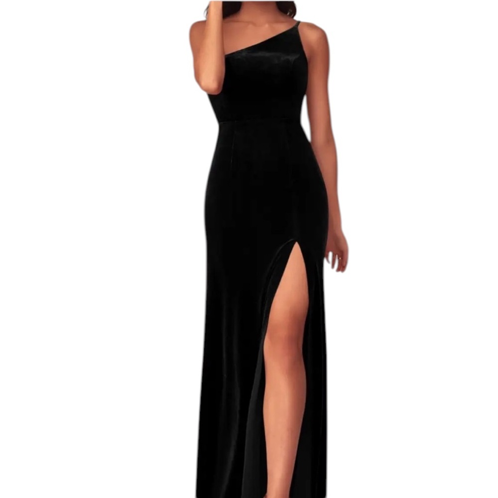 Azazie black velvet one shoulder maxi dress A 12